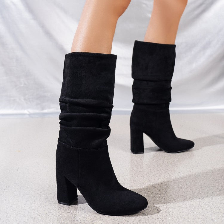 Pleated High Top High Heel Chunky Heel Suede One Foot Climbing Width Boots Spring, Autumn Winter Women Boots