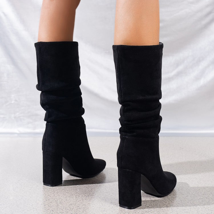 Pleated High Top High Heel Chunky Heel Suede One Foot Climbing Width Boots Spring, Autumn Winter Women Boots