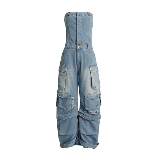 Summer Multi Pocket Ripped Waist Slimming Sexy Tube Top Tooling Denim Jumpsuit Women