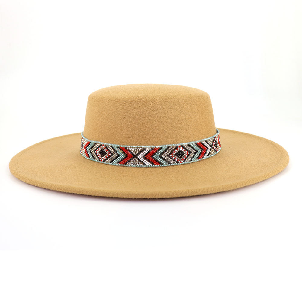 [Minimum order quantity is 2 pieces]Woolen Flat Top Hat Large Brim Hat Bohemian Holiday Broad Brimmed Hat