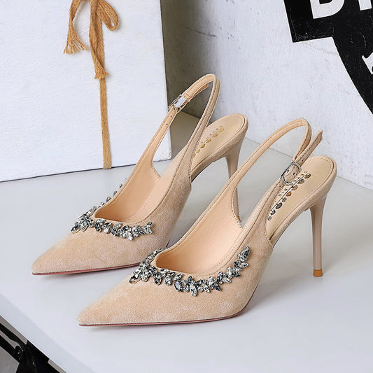 Cocktail High Heels Stiletto Heel Pointed Toe Rhinestone Shallow Mouth Suede Back Empty Back Strap Super High Heel Shoes