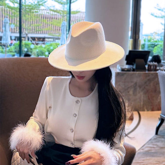 Faux Wool Jazz Top Panama Hat Women Autumn Winter Retro British Western Cowboy Hat