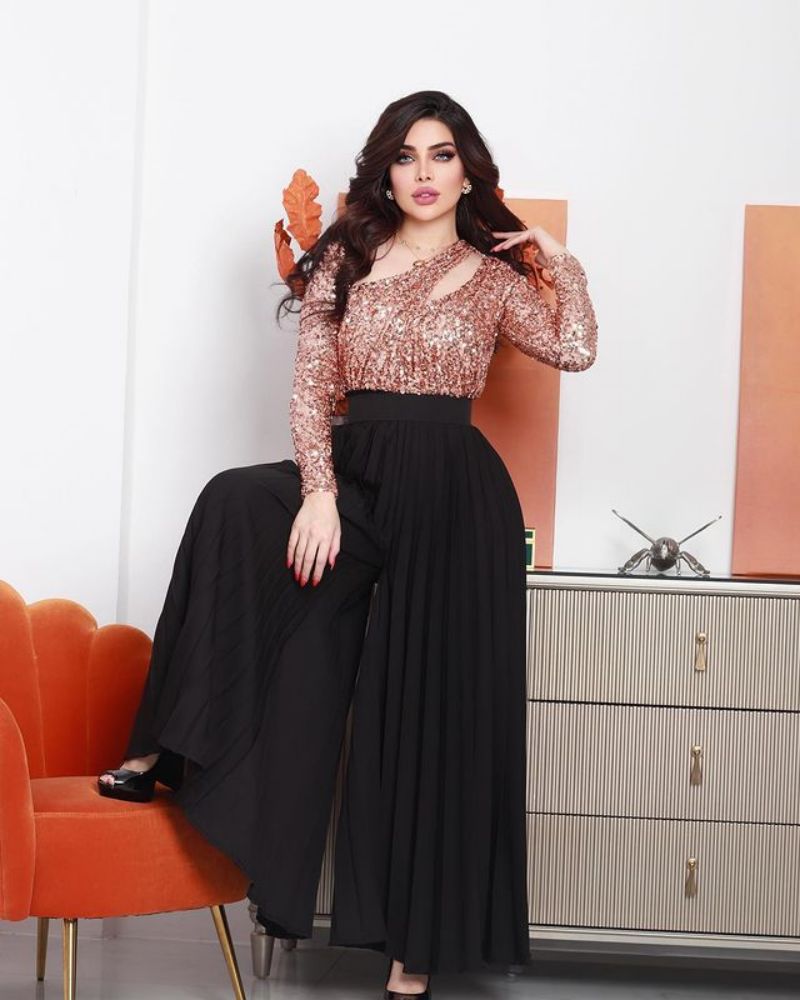 Autumn Winter Middle East Women round Neck Sexy Long Sleeved Trousers Sequin Jumpsuit