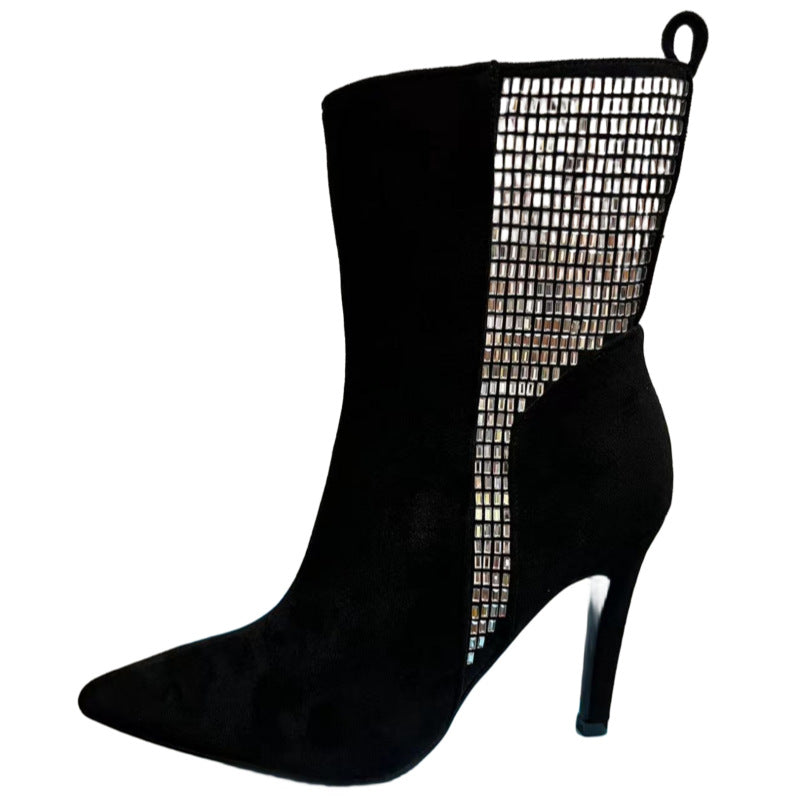 Autumn Winter Sexy All Matching Black Velvet Slimming Short Pointed High Heel Shoes Rhinestone Stiletto Heel Women Boots