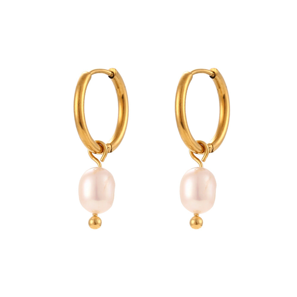 Simple Light Luxury Earrings Jewelry Stainless Steel Plated 18K Gold Freshwater Pearl Gold Ear Ring Accessories