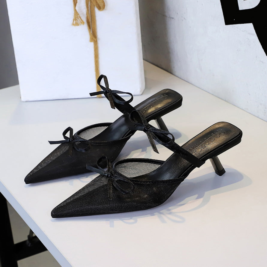 Korean Lace Half Slippers Stiletto Women Shoes Pointed Toe Low Cut Bowknot Strap Mid Heel Outdoor Slippers for Women