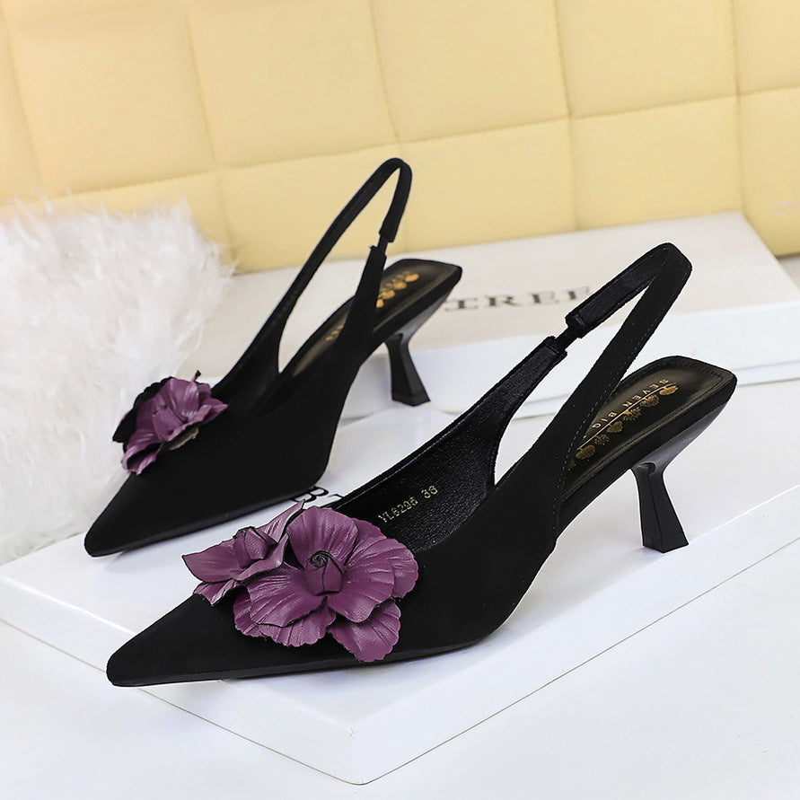 Cocktail Stiletto Low Cut Back Open Shoes Women Design Contrast Color Floral Back Strap High Heels
