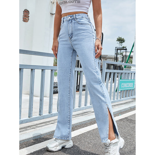 Fashionable Denim Trousers Women Split Wide Leg Straight Loose High Waist Slimming Trousers