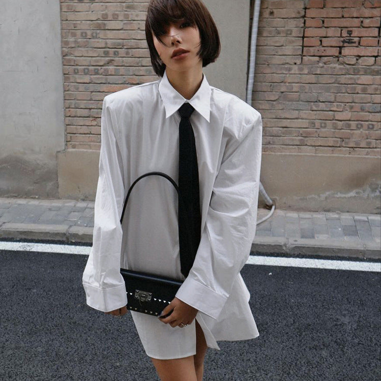 Spring Women Cotton Long Sleeved Shirt with Black Tie Loose Long White Shirt