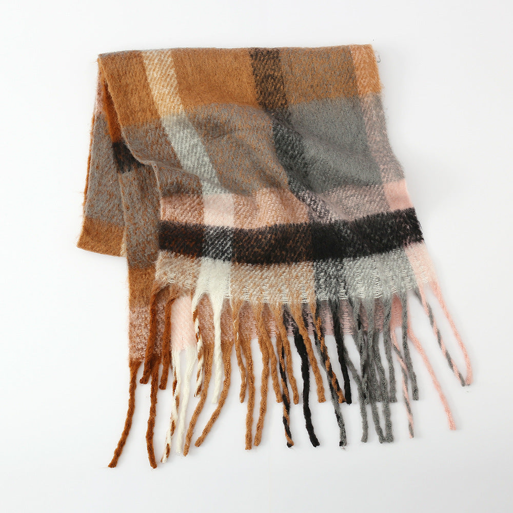 Scarf Women Autumn Winter Thickened Warm Circle Yarn Tassel Plaid Scarf Shawl