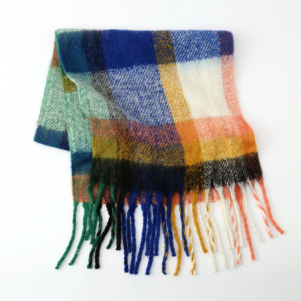 Scarf Women Autumn Winter Thickened Warm Circle Yarn Tassel Plaid Scarf Shawl