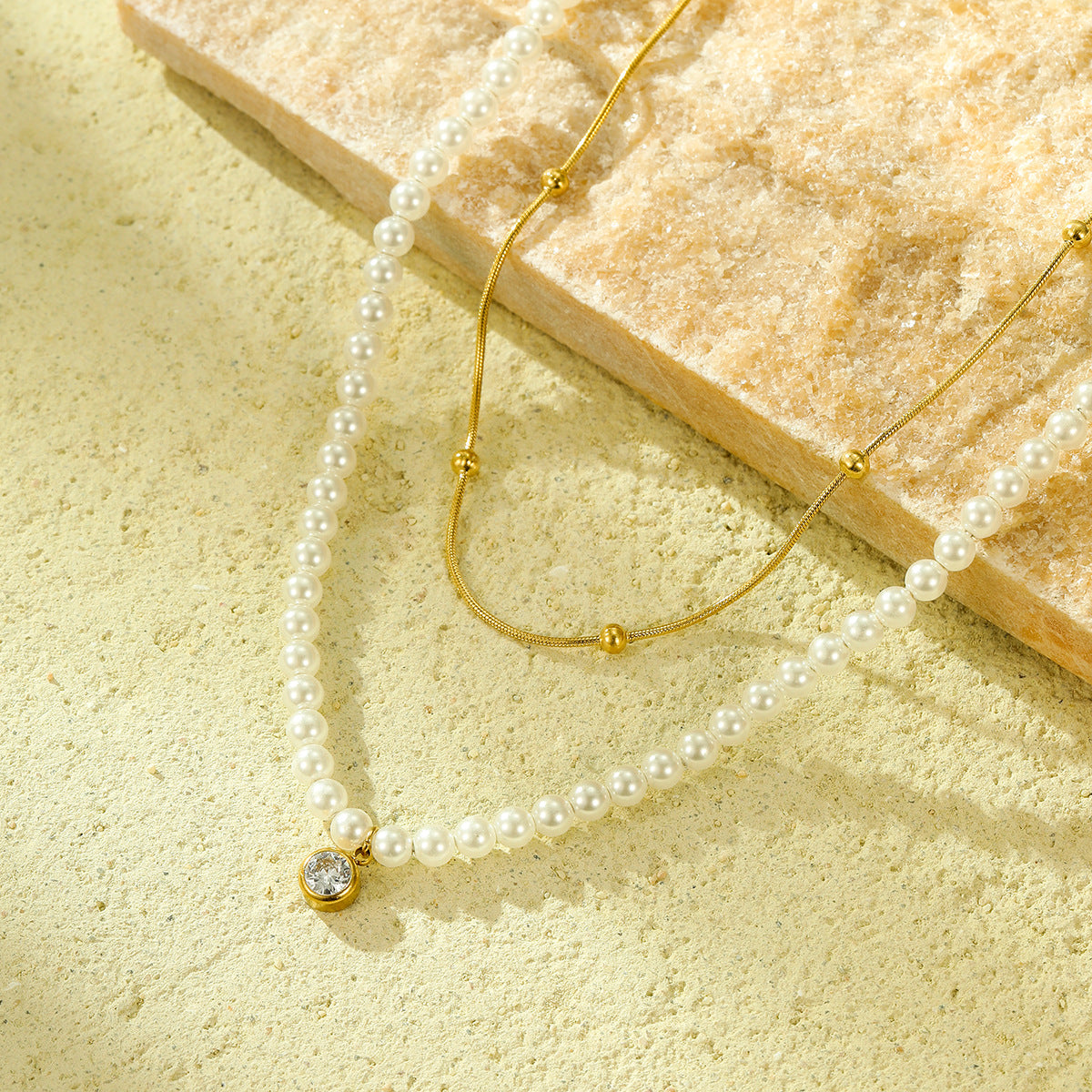 All Match Pearl Double Chain Inlaid Zircon Titanium Steel Necklace 18K Stainless Steel Clavicle Chain Accessories