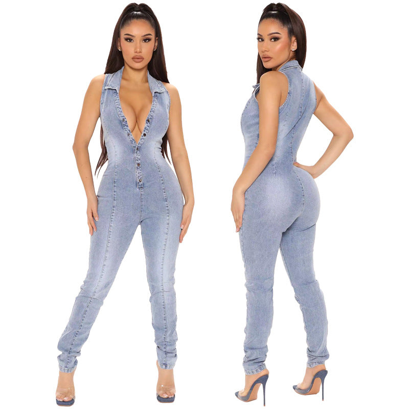 Clothing Summer Sleeveless Open Chest Wash Denim Jumpsuit