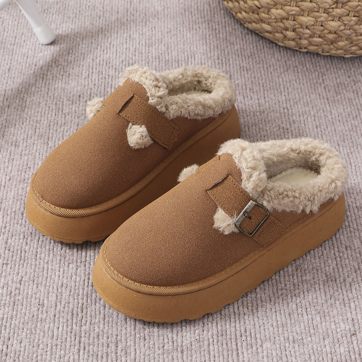 Autumn Winter Thick Bottom Plush Buckle Thermal Cotton Slippers Casual Women Shoes