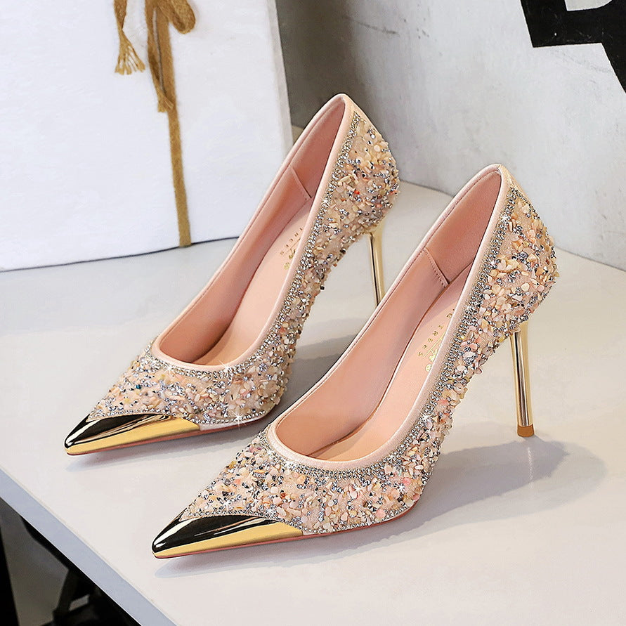 Stiletto Rhinestone High Heels Metal Pointed Women Shoes Low Cut Slip on Crystal Pumps Women Shoes
