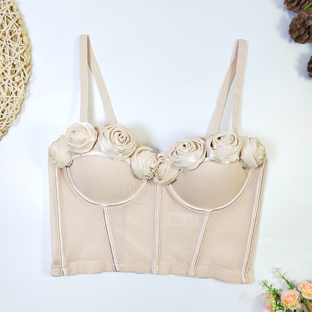 French Design Handmade Rose Floral Tube Top Outer Wear Mesh Beauty Back Underwear Integrated Fixed Cup Boning Corset Sling