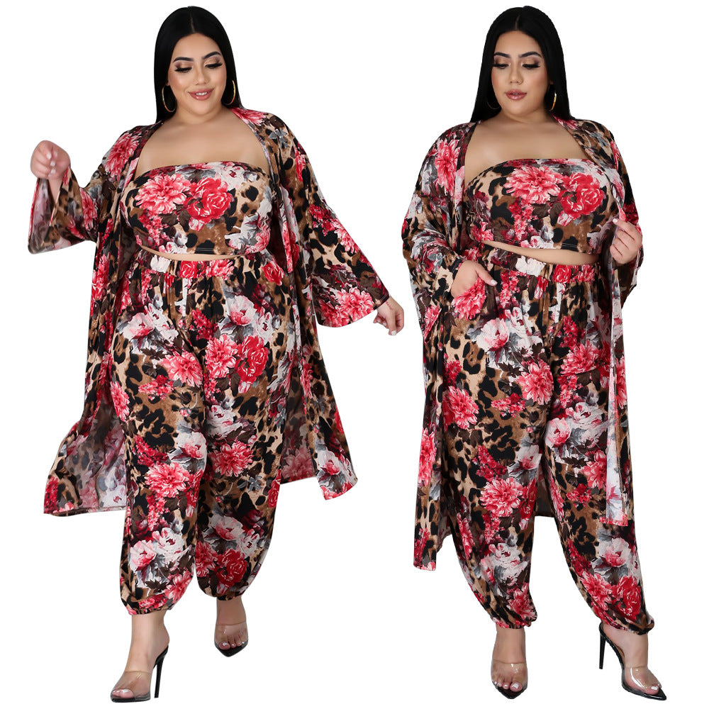 Plus Size Digital Printing Corset Cloak Three-Piece Set Sexy Women Clothing