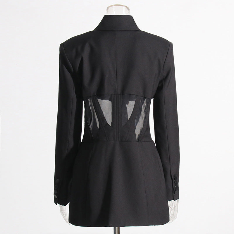 Autumn Boning Corset Waist Mesh Stitching See Through Design Blazer Mid Length Blazers