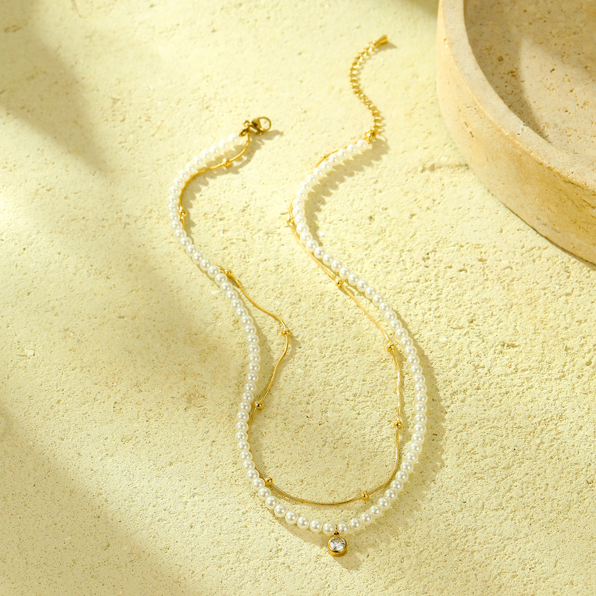 All Match Pearl Double Chain Inlaid Zircon Titanium Steel Necklace 18K Stainless Steel Clavicle Chain Accessories