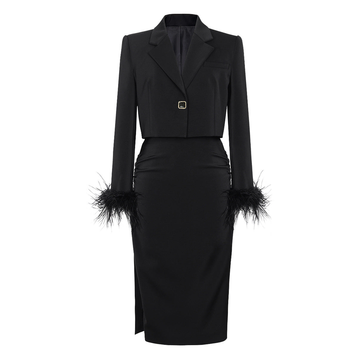 High Ostrich Feather Long Sleeve Slim Fit Office Women Business Set Mid Length Skirt Set