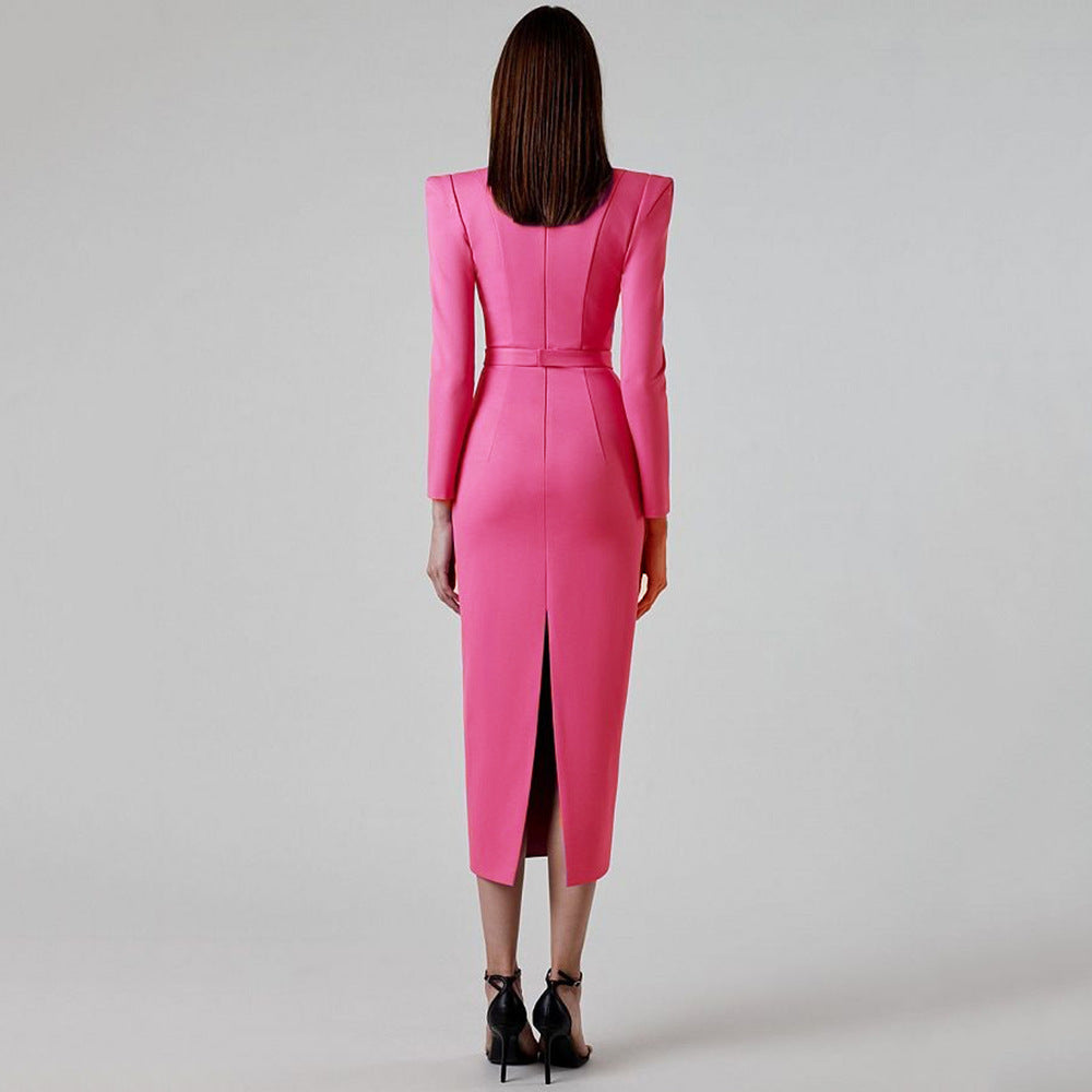 Spring Autumn Elegant Bandage Dress Square Collar Horn Padded Shoulder Long Sleeve Stretch Slim Fit Elegant Dress