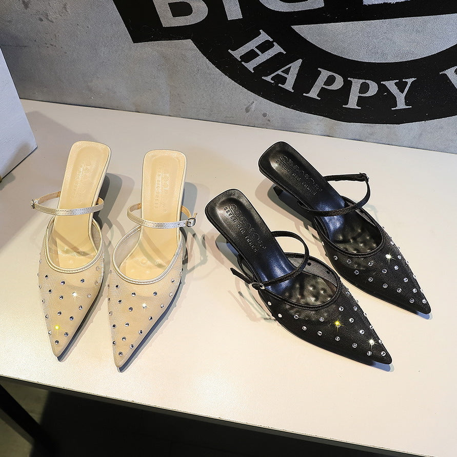 French Mesh Lace Pointed Toe Stiletto Toe Box Rhinestone Slippers Outer Wear Hollow Out Cutout Sexy Strap Half Slippers