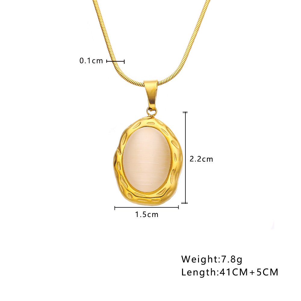 Sweater Chain High Grade Clavicle Chain Retro Cymophanite Oval Embellished Titanium Steel Necklace Accessories