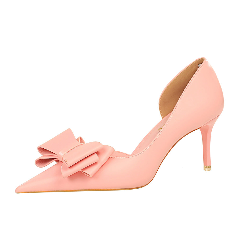 Korean Pedicure Slim Fit Sweet Women Shoes Stiletto Heel Shallow Mouth Pointed Toe Side Hollow Out Cutout Bow Pumps