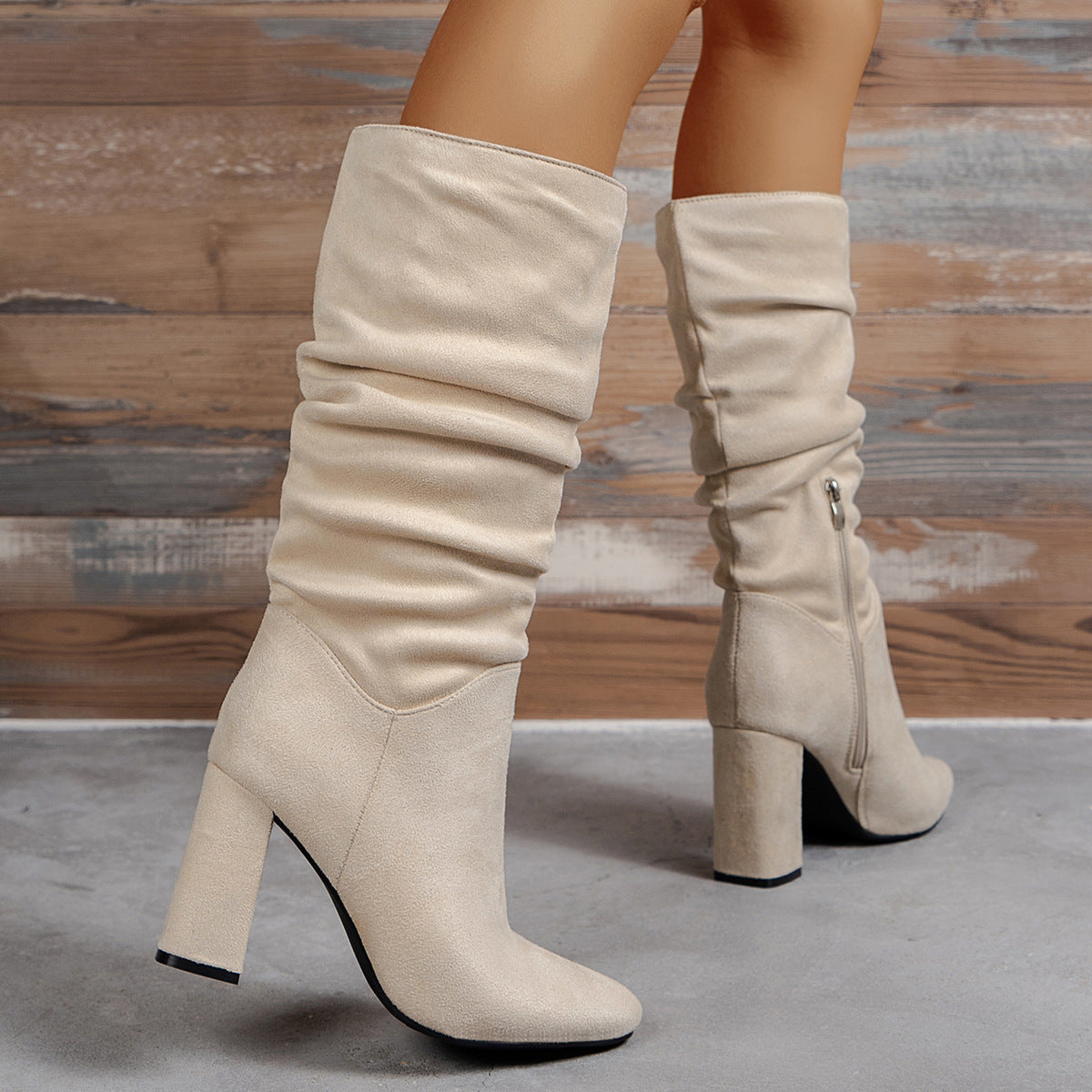 Microfiber Surface Pleated Fashionable Chunky Heel High Top Women High Heels