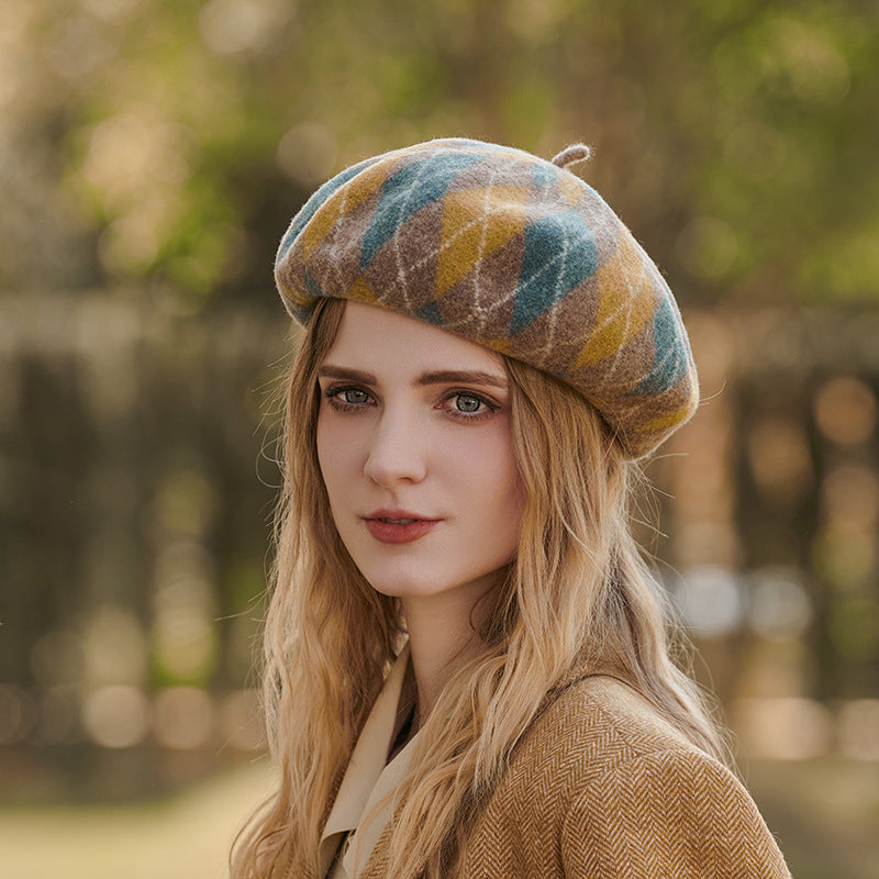 Contrast Color Wool Beret Casual Autumn Winter Warm Thickened Plaid All Matching Painter Cap