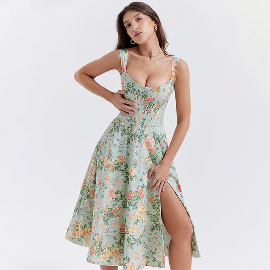 Sexy Boning Corset Cami Dress Slim Fit BacklessSlit Midi Floral Dress Dopamine Wear Matching Women Clothing