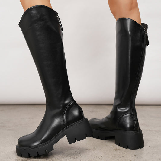 Women Boots Boots Women Faux Leather Chunky Heel Boots Autumn Winter Knee Length Boots