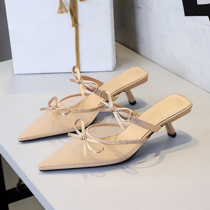 Korean Lace Half Slippers Stiletto Women Shoes Pointed Toe Low Cut Bowknot Strap Mid Heel Outdoor Slippers for Women