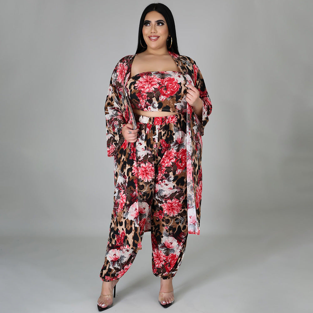 Plus Size Digital Printing Corset Cloak Three-Piece Set Sexy Women Clothing