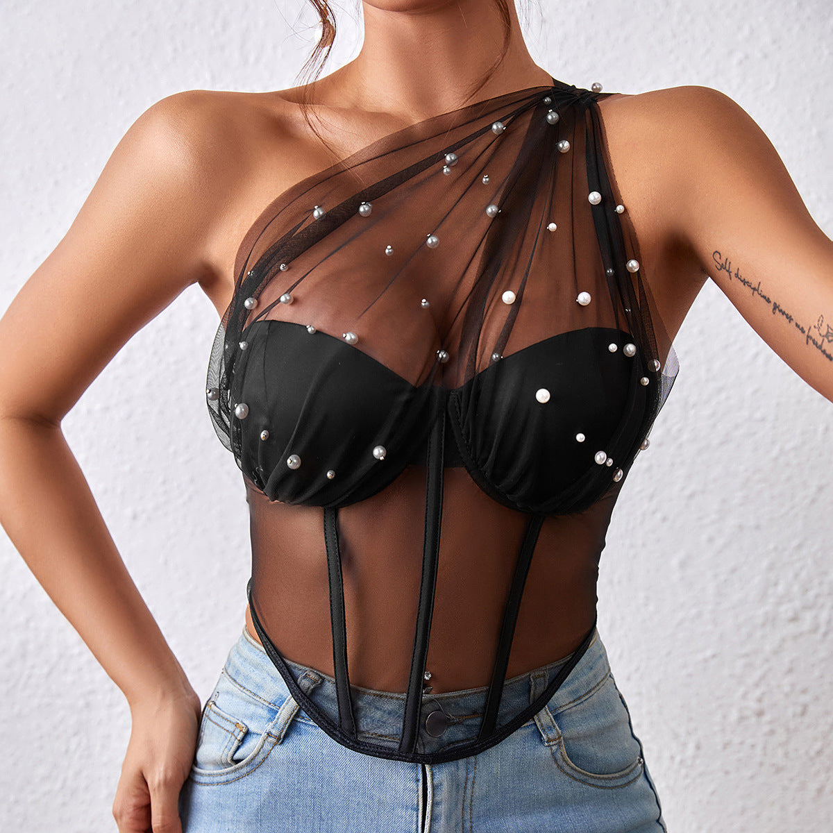 【MOQ-5 packs】 Sexy Sheer Mesh Wrapped Chest Steel Ring Boning Corset Slim Waist Rhombus Vest for Women