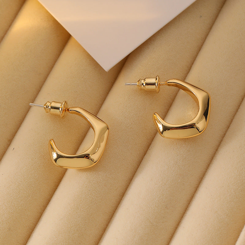 All Match Office Small C Shaped Stud Earrings Simple Exquisite 925 Silver Needle Real Gold Plating Geometric Abstract Frosty Earrings