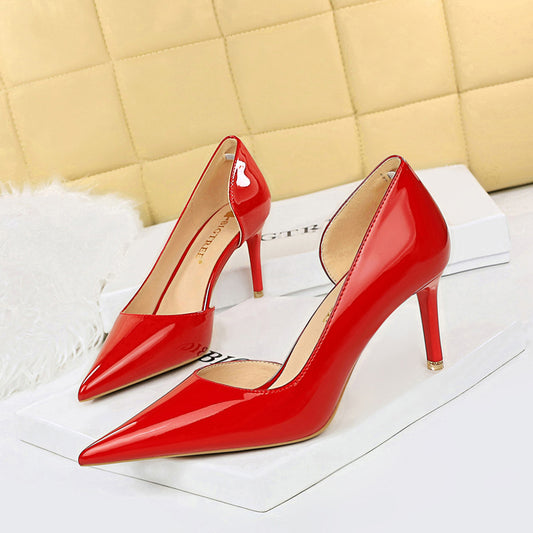 Simple Stiletto Heel Shiny Patent Leather Shallow Mouth Pointed Side Hollow Out Cutout High Heels Women Shoes