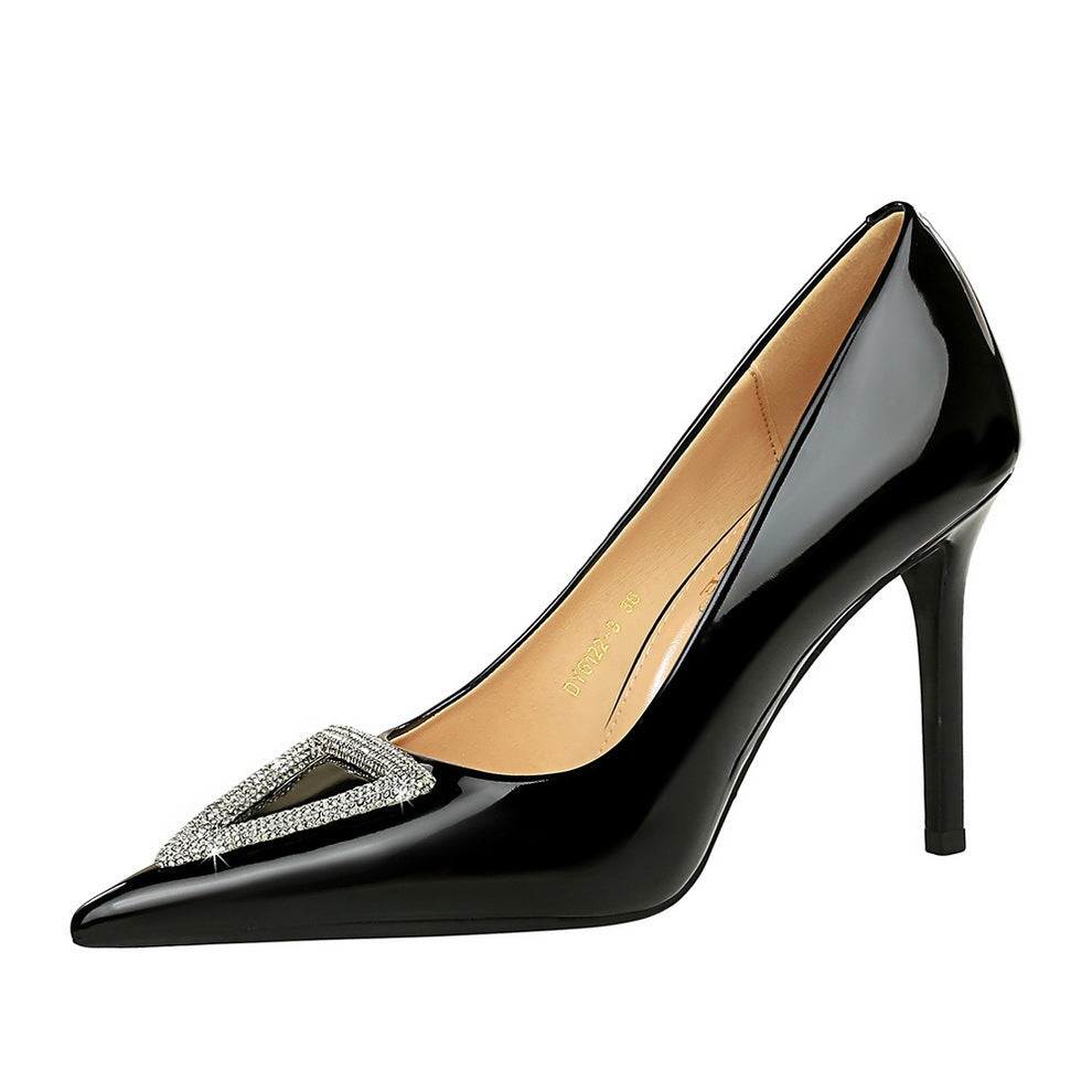 Cocktail High Heels Stiletto Heel Shiny Patent Leather Shallow Mouth Pointed Toe Shining Rhinestone High Heeled Pumps