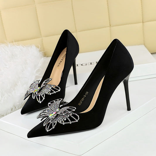 Shining Color Double Layer Bow Decoration High Heels Suede Super High Heel Shallow Mouth Women Shoes