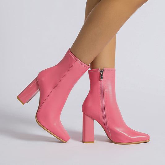 Boots Chunky Heel Side Zip Short Boots Autumn Winter Fruit Pink Middle Boots