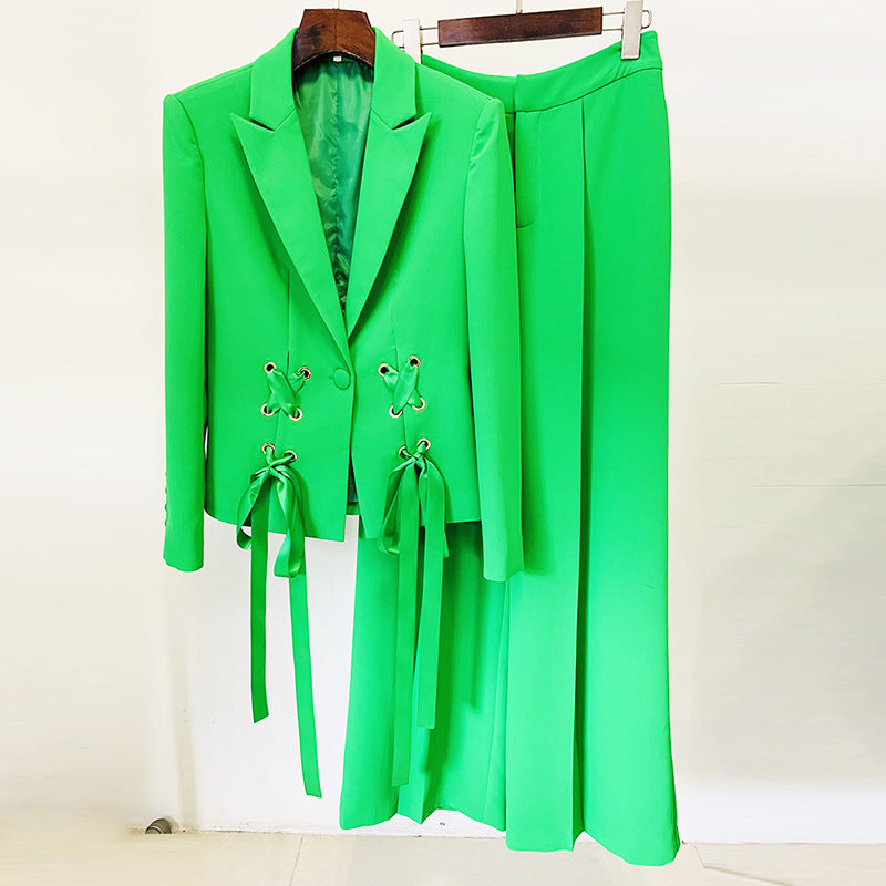 Early Spring Series Star Ribbon Tie Blazer Wide Leg Pants Set