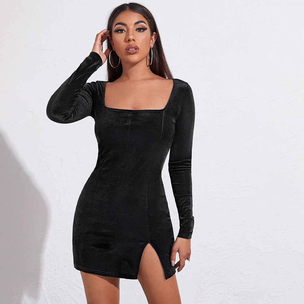 Autumn Winter Women Clothing Sexy Slit Square Collar Hip  Velvet Long Sleeves French Dress