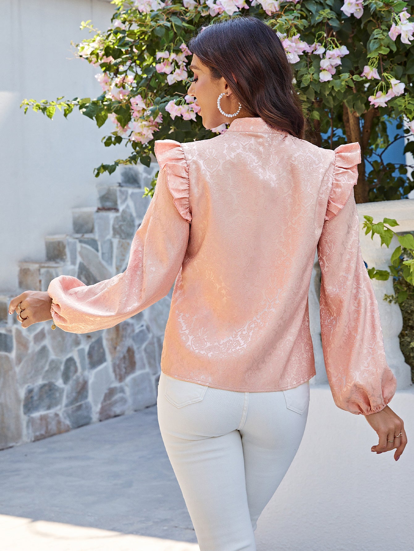 Women Embroidery Short Pink Long Sleeve Shirt