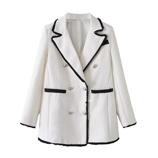 Woolen Stitching Women Clothing Autumn Elegant Double Breasted Coat Blazers