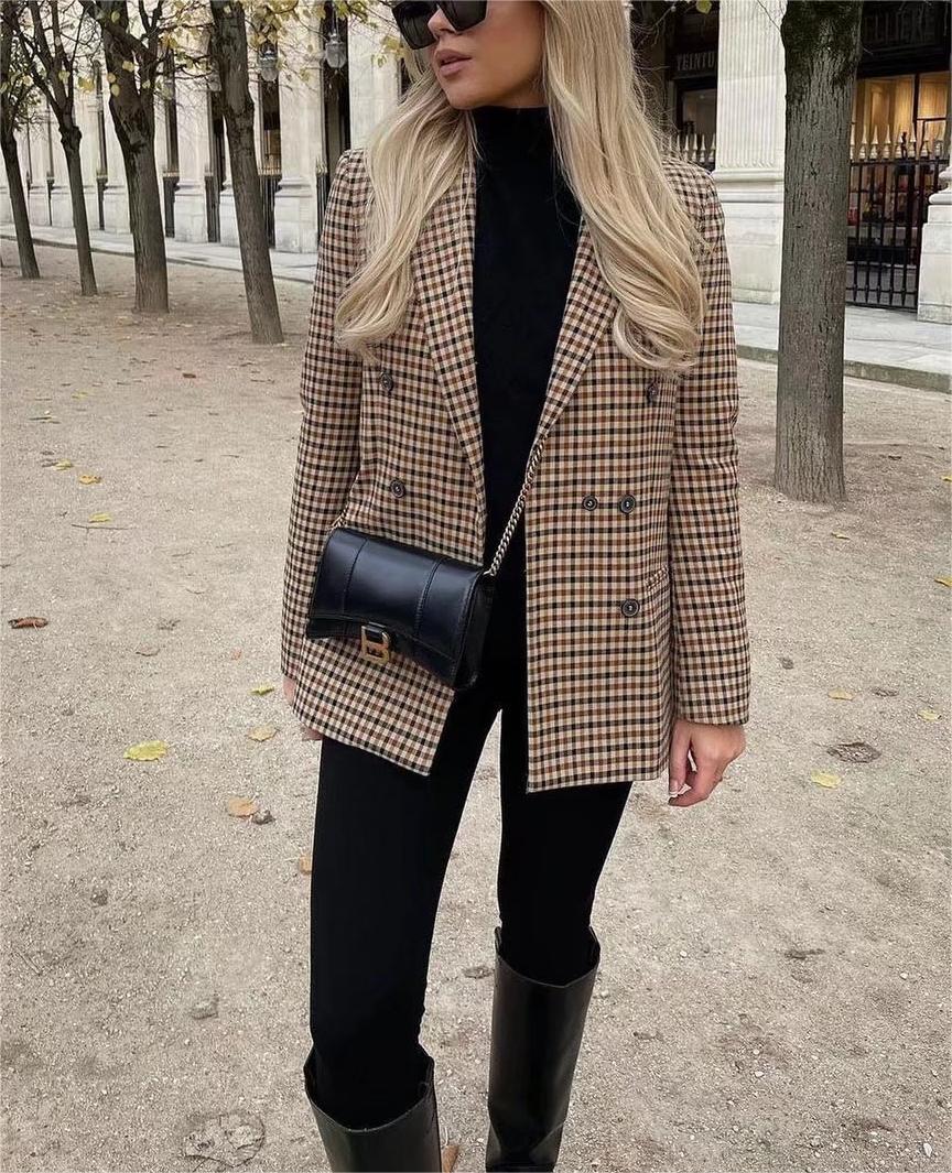 Autumn Winter Vintage Single Breasted Long Sleeve Plaid Women Padded Shoulder Blazer