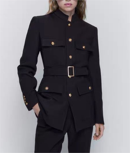 Fall Women  Clothing with Belt Button Decoration Slim Fit Figure Flattering Blazer