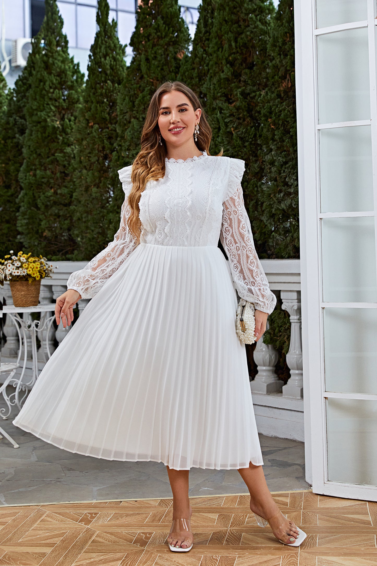 Plus Size Women Spring Autumn Lace Tulle Ruffle Crew Neck Flounce Lantern Sleeve Elegant Regular Dress