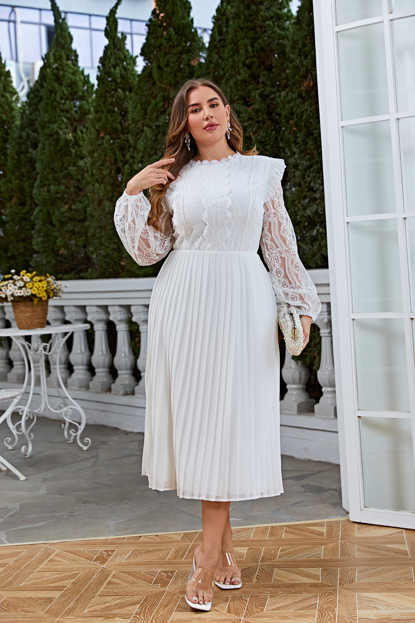 Plus Size Women Spring Autumn Lace Tulle Ruffle Crew Neck Flounce Lantern Sleeve Elegant Regular Dress