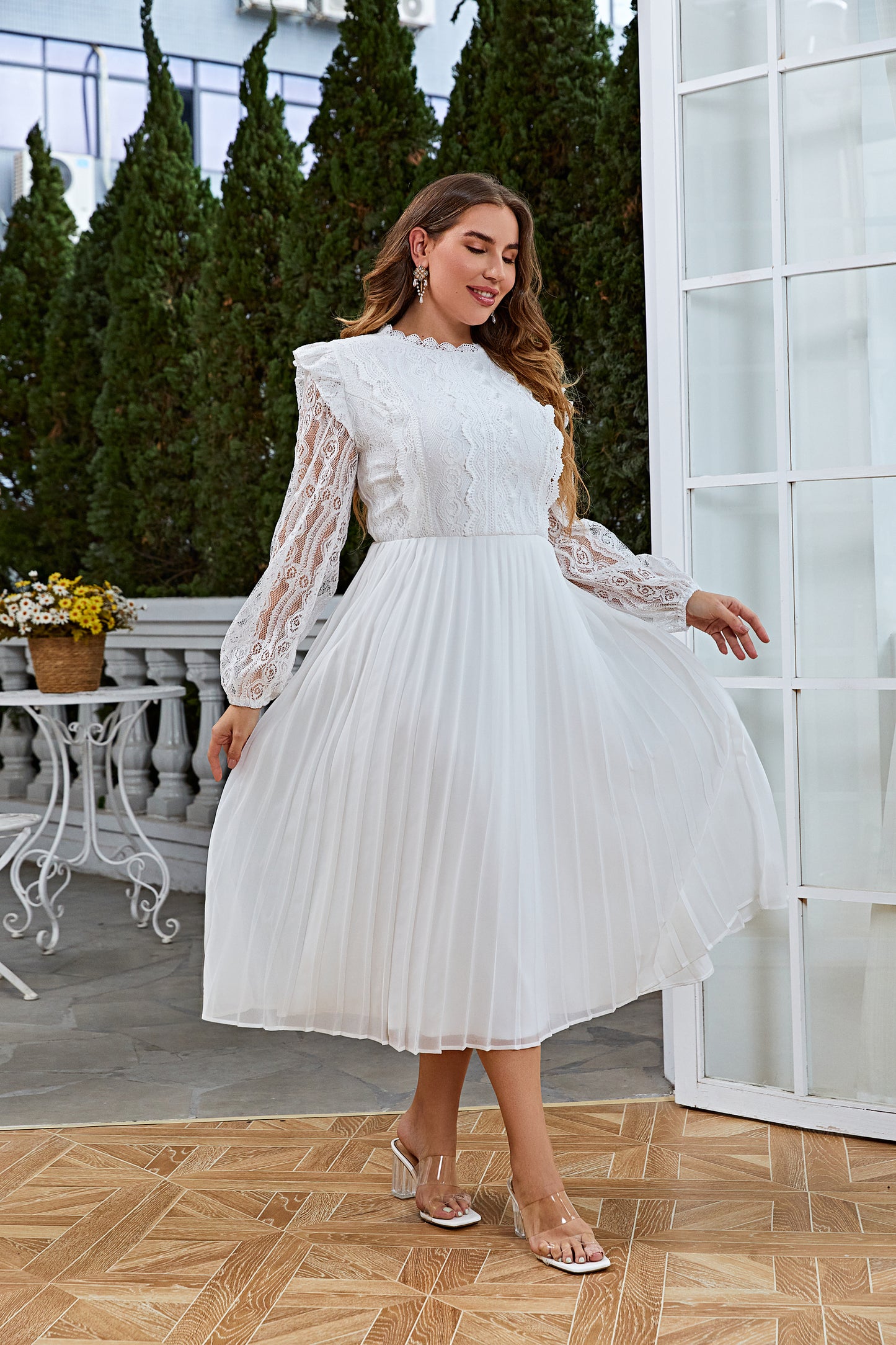 Plus Size Women Spring Autumn Lace Tulle Ruffle Crew Neck Flounce Lantern Sleeve Elegant Regular Dress