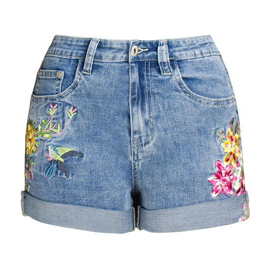 Women Clothing Wide Leg Stretch Shorts plus Size Women Clothing 3D Exquisite Embroidered Floral Denim Shorts Women